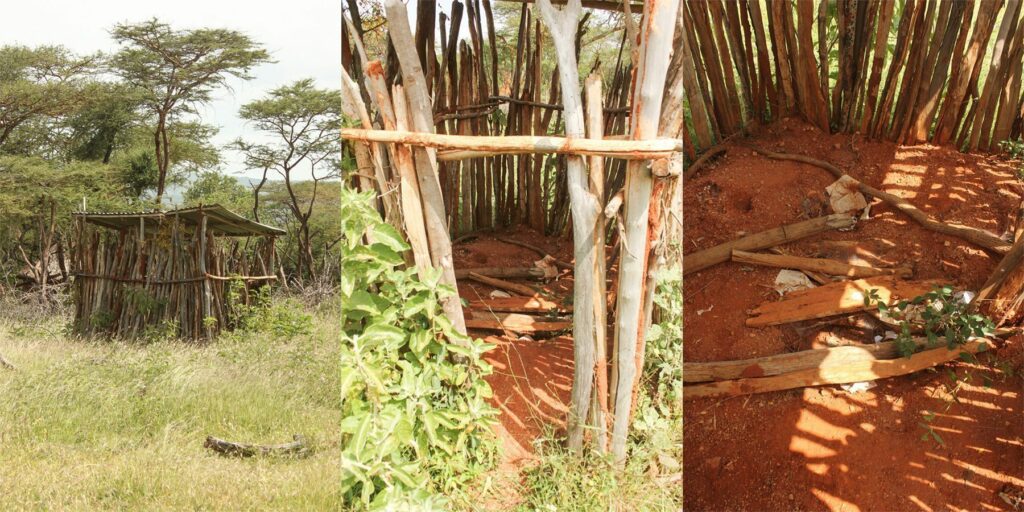 Outside and inside shots of a partially constructed wooden latrine