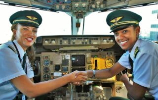 Female pilots in the cockpit of Ethiopian Airlines' first all-female flight.