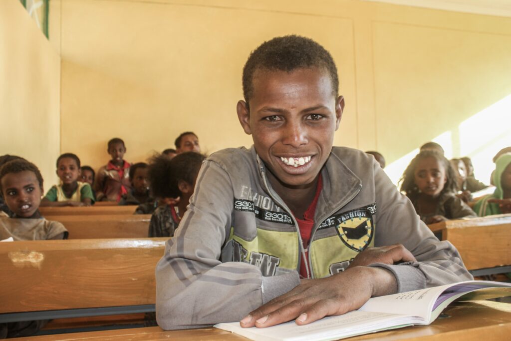 Taeme Hiluf inside his new classrooms at Gereb Abdela Primary School.